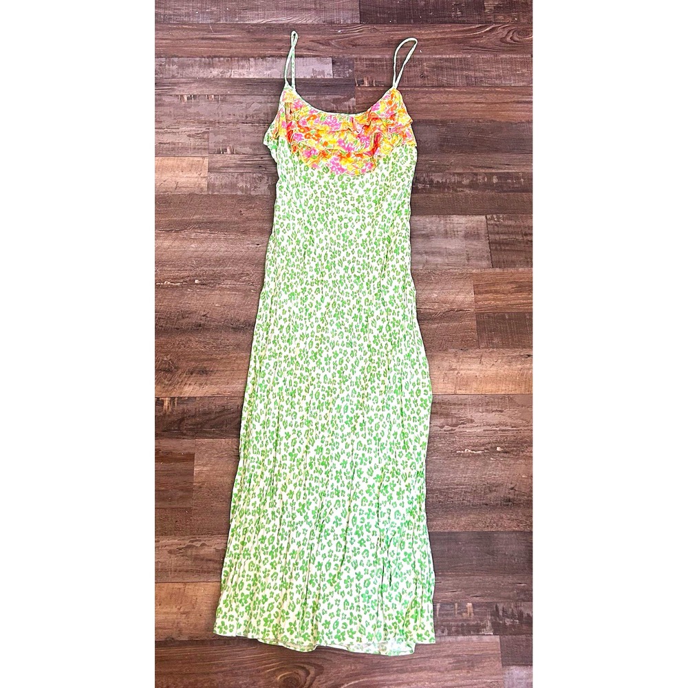 RIXO Green White Floral V-Neck Strappy Sleeveless Maxi Slip Dress Size M